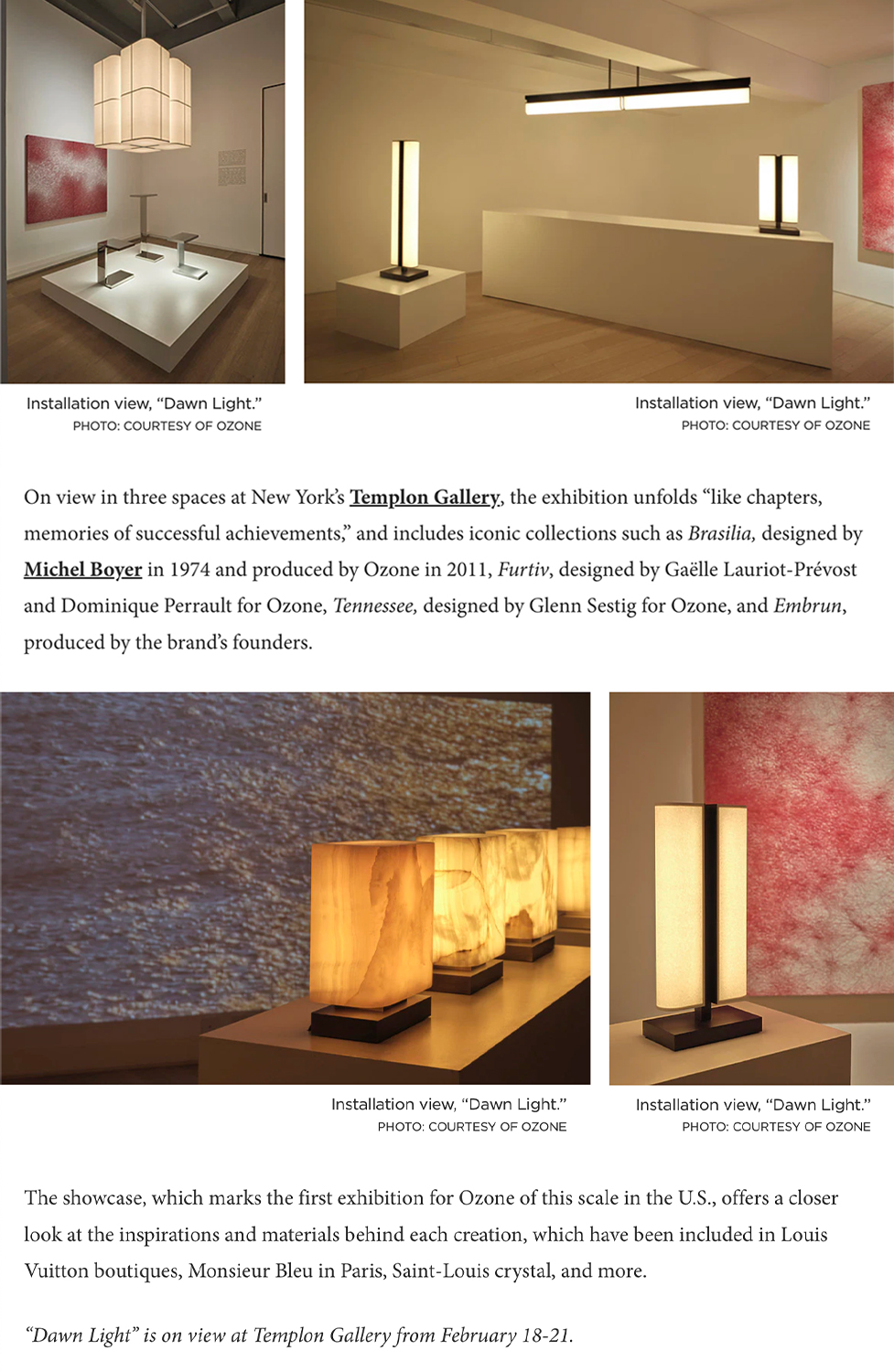 An article from Galerie Magazine featuring the “Dawn Light” exhibition by Ozone at the Galerie Templon in New York. The illustrations show various models from the Brasilia, Furtiv, Tennessee, and Embrun collections.