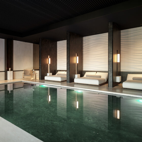 Les appliques Tennessee SC devant les murs blancs texturés du spa de l'hôtel La Reserve Resort