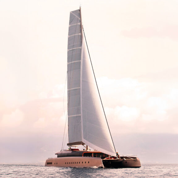 The Artexplorer yacht, with its striking white sail and wooden decks