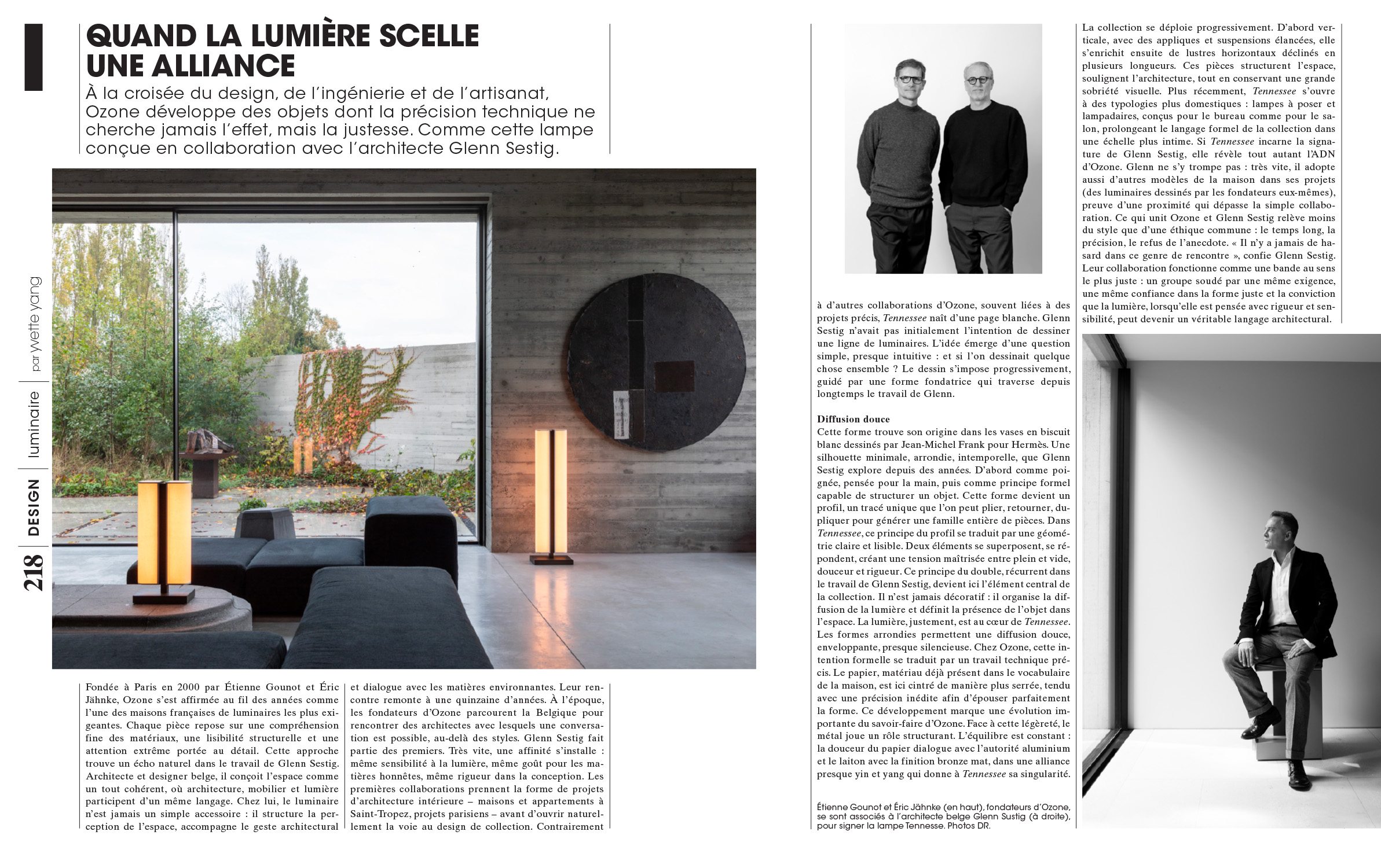 A page from Icon magazine featuring Ozone’s founders, Étienne Gounot and Éric Jähnke, along with Glenn Sestig, with whom they’ve collaborated to expand the Tennessee collection with a new table lamp and floor lamp. 