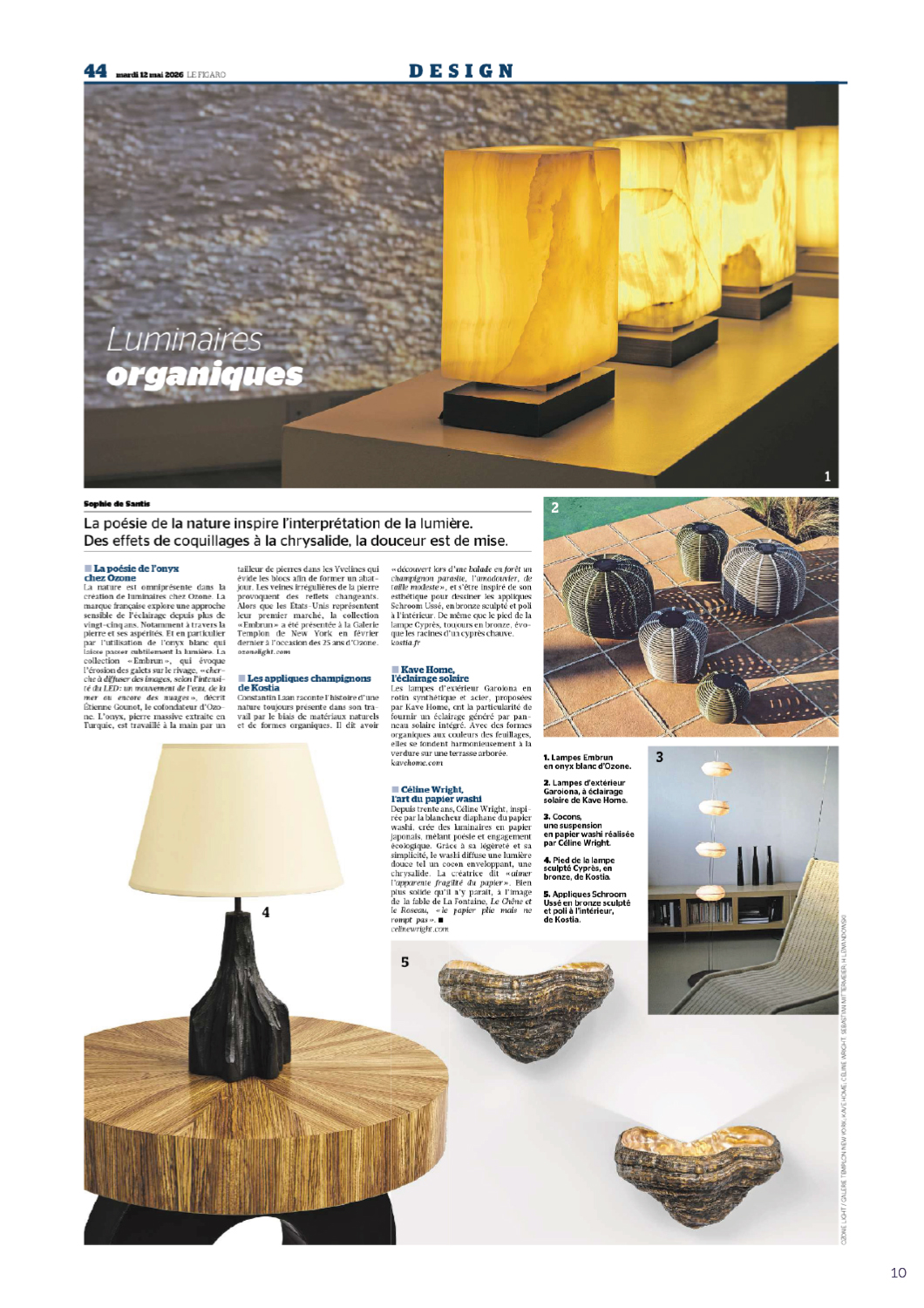 From the May 12, 2026, edition of Le Figaro, this article features an exhibition held in New York by Ozone showcasing its Embrun line and its new table lamp.